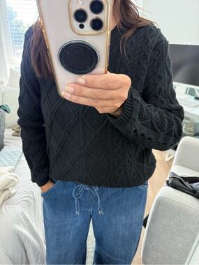 John Varvatos Black Crewneck Cable Knit Sweater